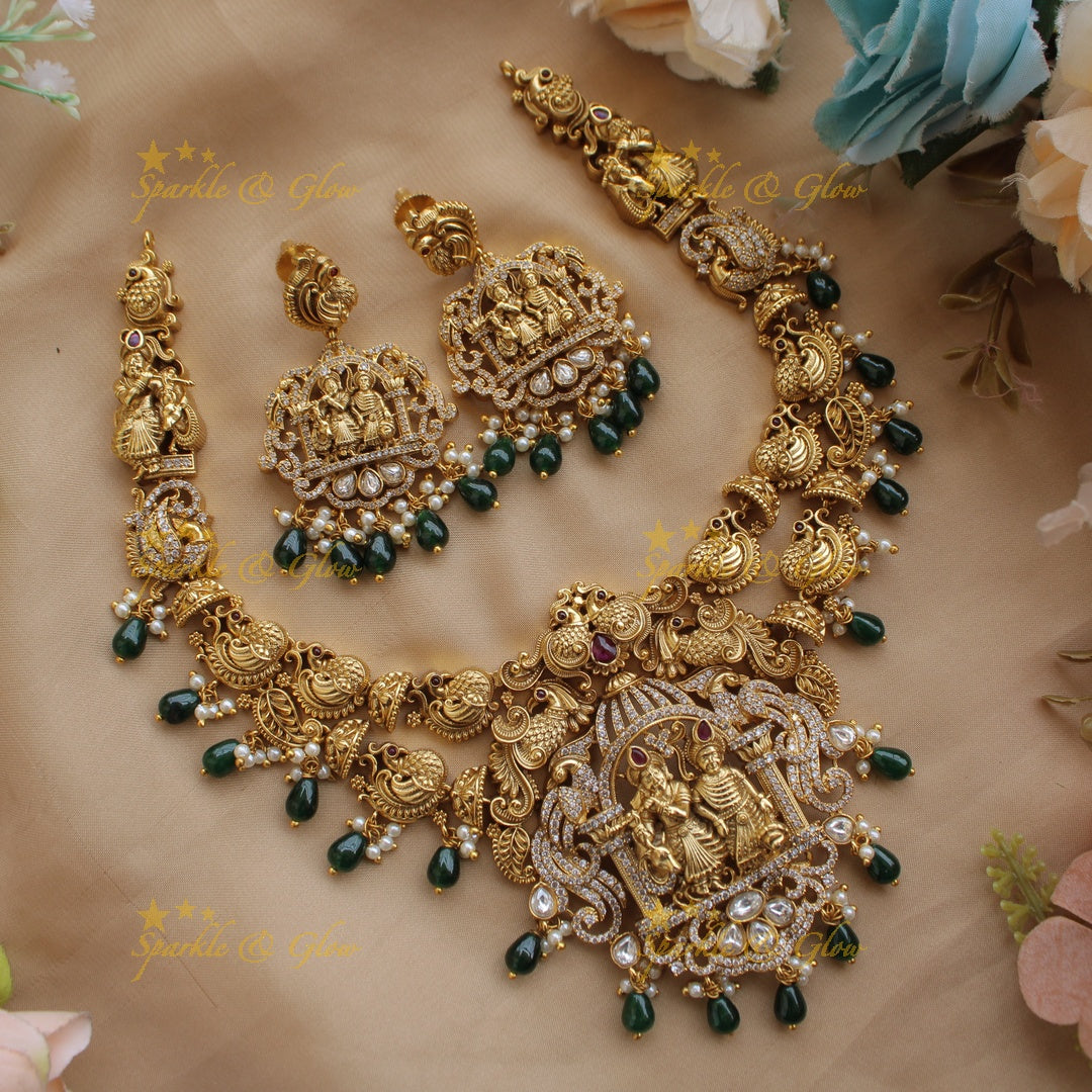 Exclusive Premium Matt Radha krishna peacock carved short necklace with CZ stones and green beads