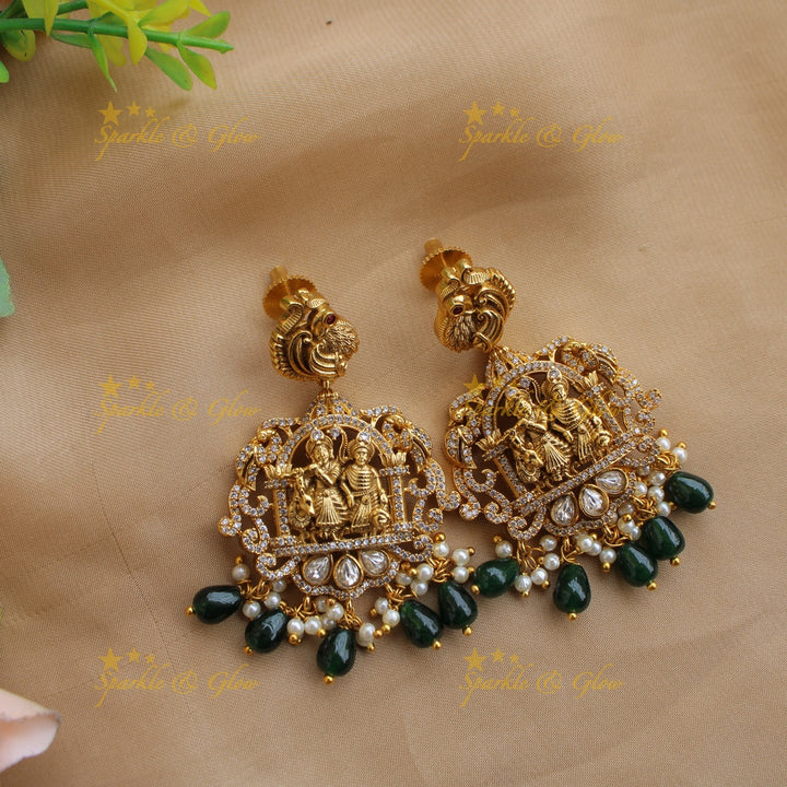 Exclusive Premium Matt Radha krishna peacock carved short necklace with CZ stones and green beads