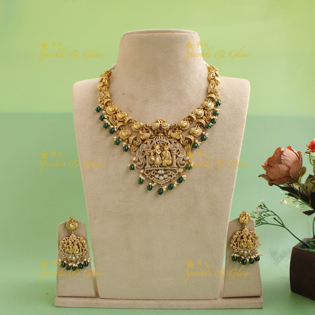 Exclusive Premium Matt Radha krishna peacock carved short necklace with CZ stones and green beads