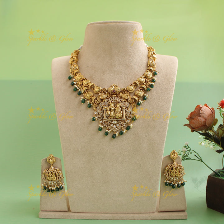 Exclusive Premium Matt Radha krishna peacock carved short necklace with CZ stones and green beads