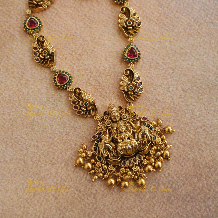 Stunning Lakshmi balaji and elephant carved short necklace with ruby emerald and gold beads