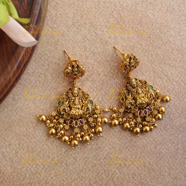 Stunning Lakshmi balaji and elephant carved short necklace with ruby emerald and gold beads