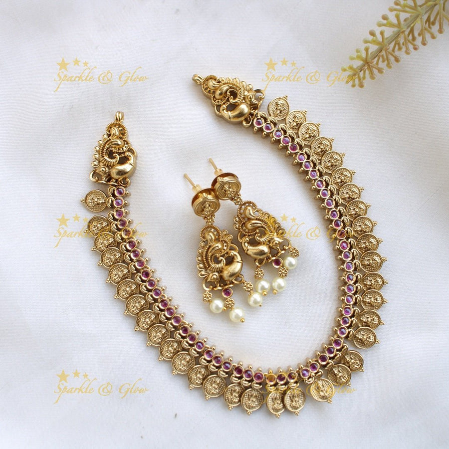 Stunning Premium Matt Lakshmi coin short necklace with ruby stones - Sparkle and Glow - Back Thread - 