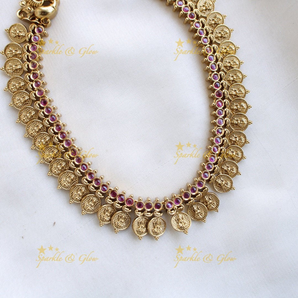 Stunning Premium Matt Lakshmi coin short necklace with ruby stones - Sparkle and Glow - Back Thread - 