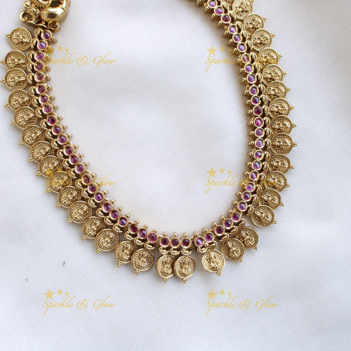 Stunning Premium Matt Lakshmi coin short necklace with ruby stones - Sparkle and Glow - Back Thread - 
