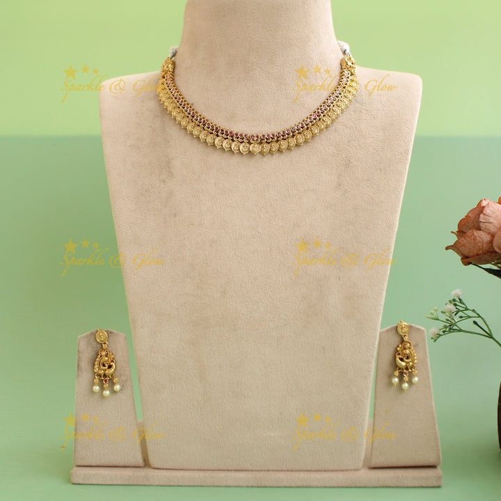 Stunning Premium Matt Lakshmi coin short necklace with ruby stones - Sparkle and Glow - Back Thread - 