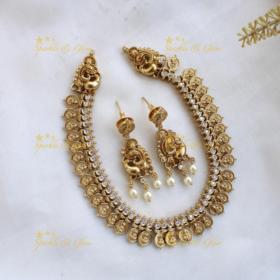 Stunning Premium Matt Lakshmi coin short necklace with white stones - white - Sparkle and Glow