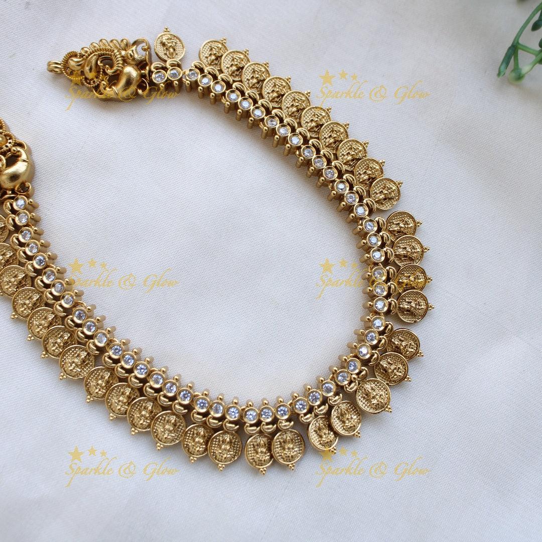 Stunning Premium Matt Lakshmi coin short necklace with white stones - white - Sparkle and Glow