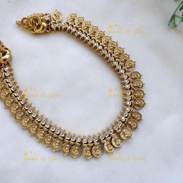 Stunning Premium Matt Lakshmi coin short necklace with white stones - white - Sparkle and Glow