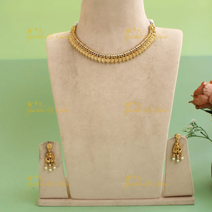 Stunning Premium Matt Lakshmi coin short necklace with white stones - white - Sparkle and Glow