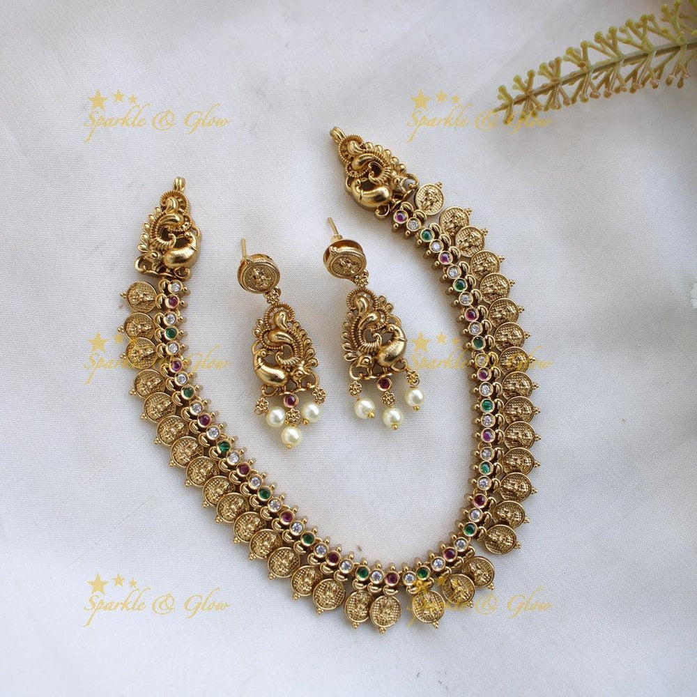 Stunning Premium Matt Lakshmi coin short necklace with white stones - white - Sparkle and Glow