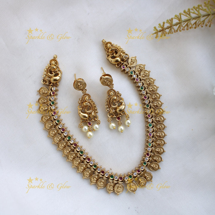 Stunning Premium Matt Lakshmi coin short necklace with ruby and emerald stones - red green