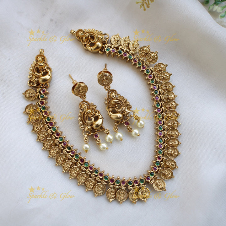 Stunning Premium Matt Lakshmi coin short necklace with ruby and emerald stones - red green