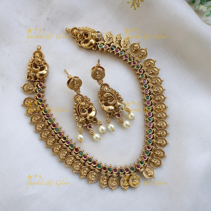 Stunning Premium Matt Lakshmi coin short necklace with white stones - white - Sparkle and Glow