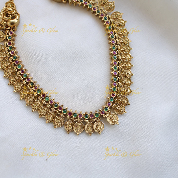 Stunning Premium Matt Lakshmi coin short necklace with ruby and emerald stones - red green