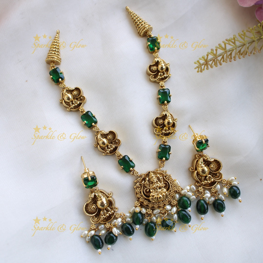Elegant Lakshmi peacock short necklace with emerald and green beads