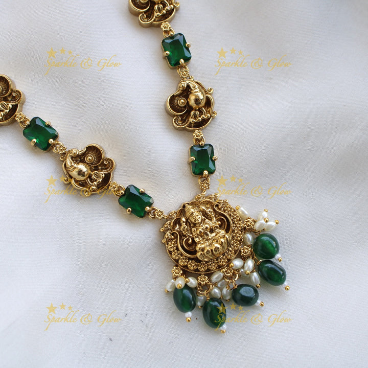 Elegant Lakshmi peacock short necklace with emerald and green beads