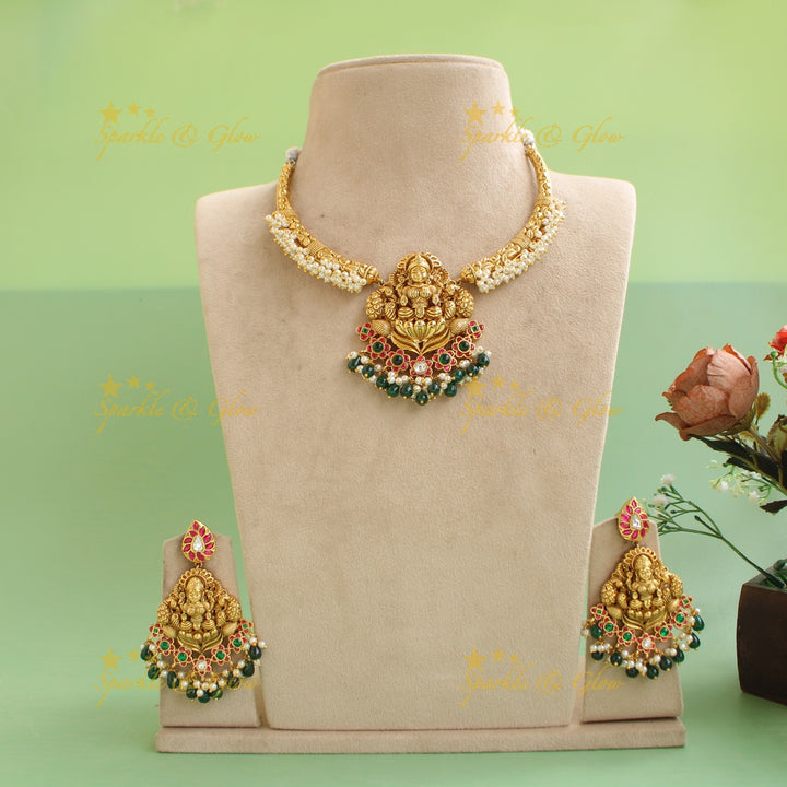 Statement Lakshmi peacock carved gutta pusalu short necklace with ruby emerald and green beads