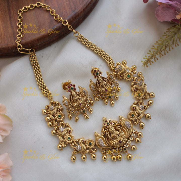Premium matte Lakshmi peacock choker with multi colour stones and gold beads