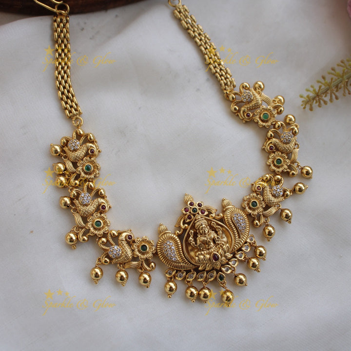 Premium matte Lakshmi peacock choker with multi colour stones and gold beads