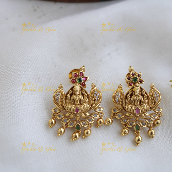 Premium matte Lakshmi peacock choker with multi colour stones and gold beads