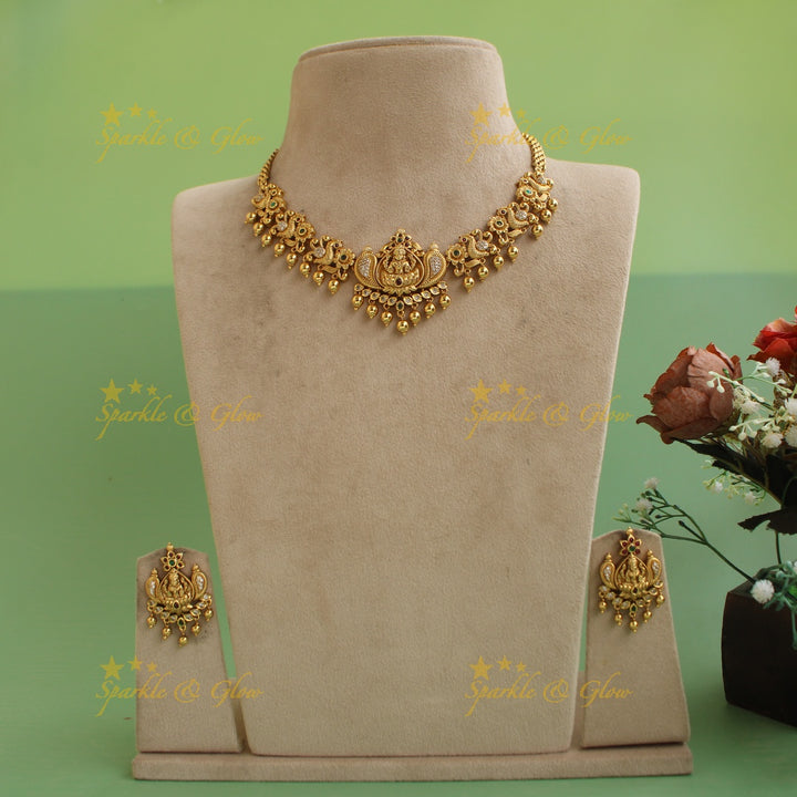 Premium matte Lakshmi peacock choker with multi colour stones and gold beads