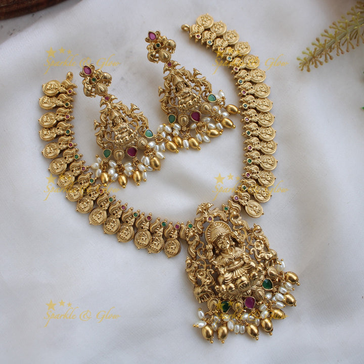 Elegant Premium Matt Lakshmi peacock coin short necklace with ruby emerald and rice pearls