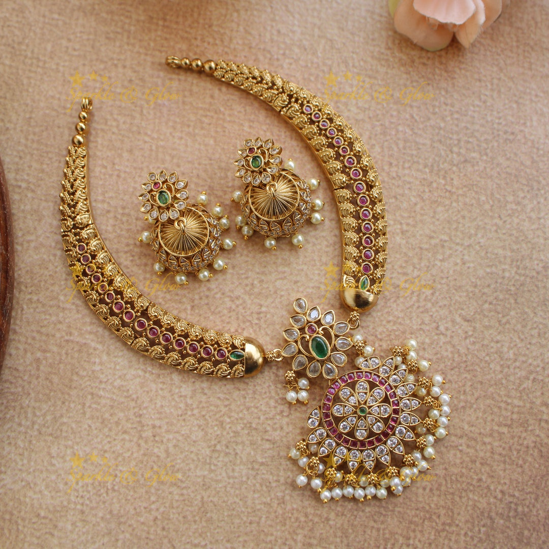 Stunning Floral and tribal design short necklace with multi colour stones and pearls
