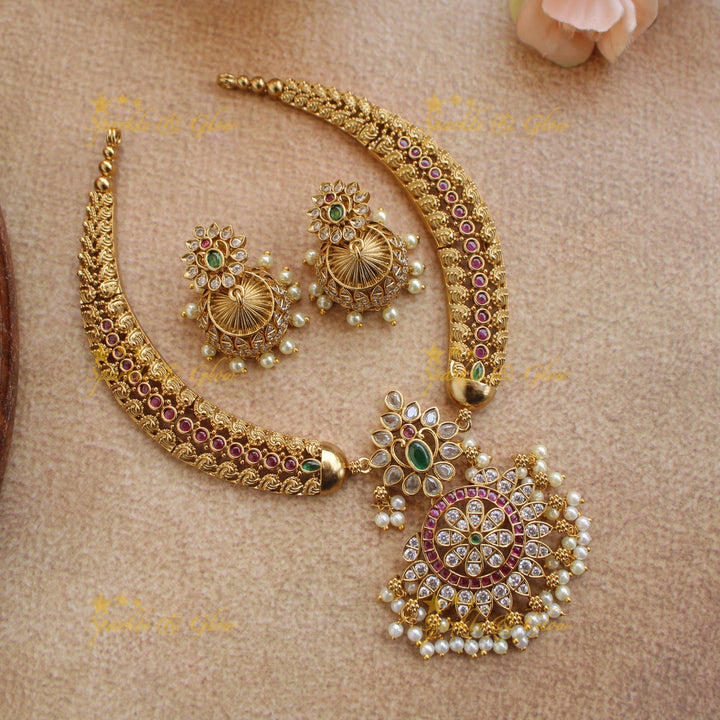 Stunning Floral and tribal design short necklace with multi colour stones and pearls