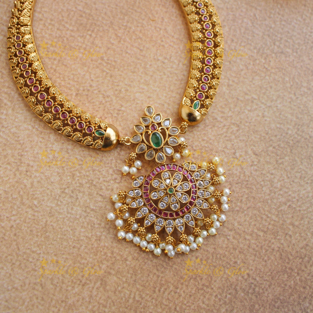 Stunning Floral and tribal design short necklace with multi colour stones and pearls