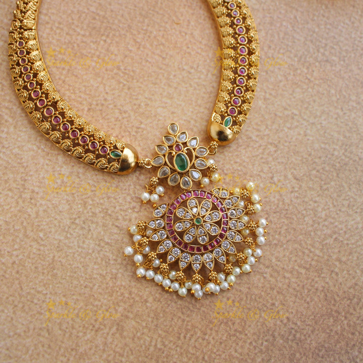 Stunning Floral and tribal design short necklace with multi colour stones and pearls