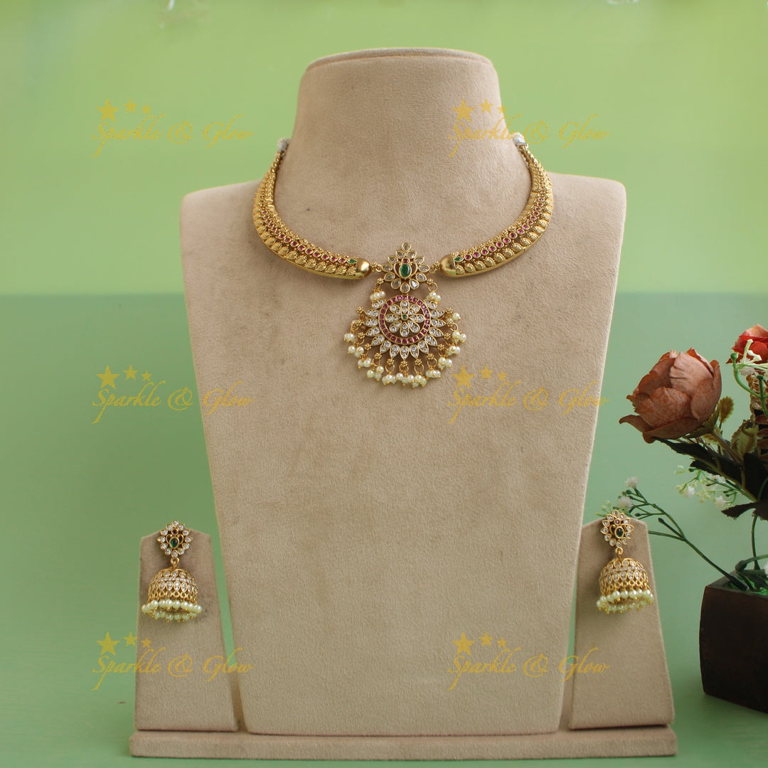 Stunning Floral and tribal design short necklace with multi colour stones and pearls