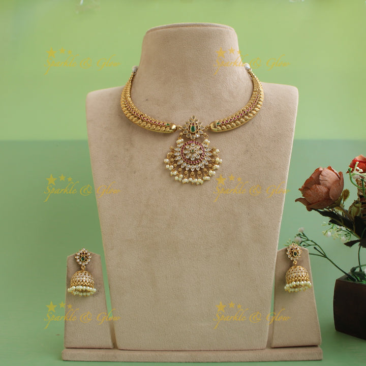 Stunning Floral and tribal design short necklace with multi colour stones and pearls