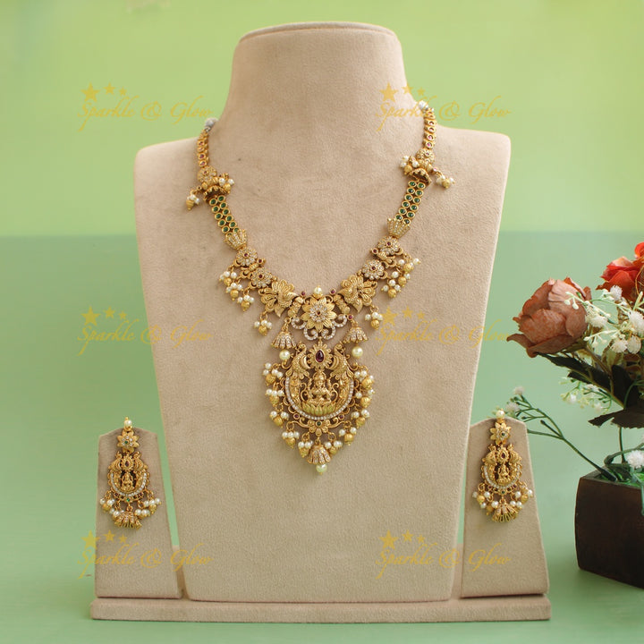 Premium Matt Lakshmi peacock flower carved short necklace with ruby emerald CZ stones pearls and gold beads