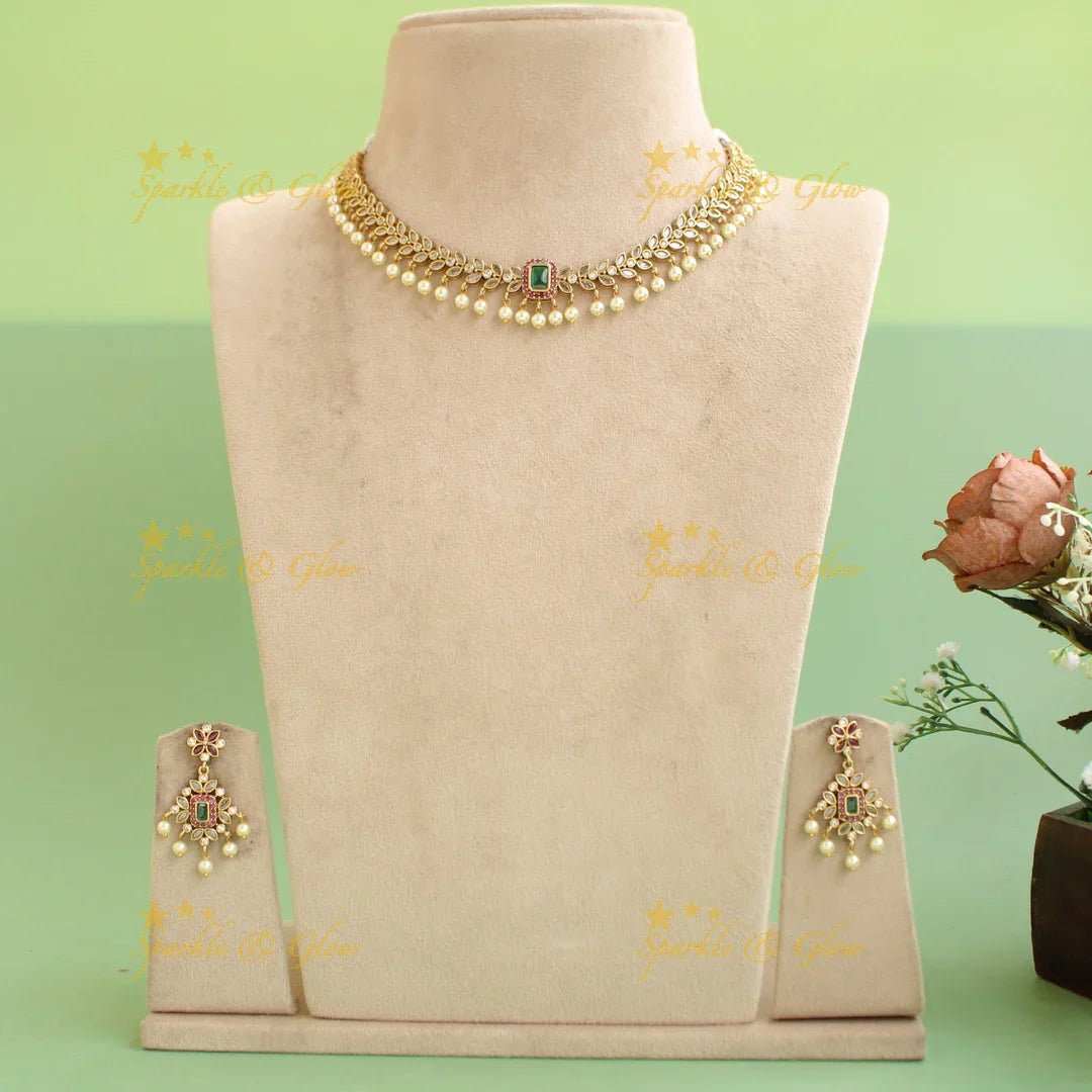 Elegant Leaflet design short necklace with CZ stones and pearl drops - white - Sparkle and Glow
