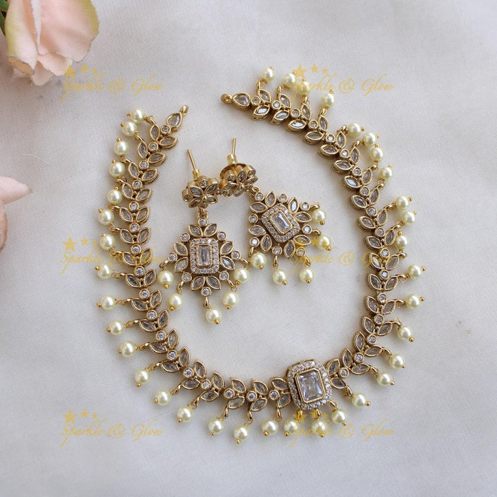 Elegant Leaflet design short necklace with CZ stones and pearl drops - white - Sparkle and Glow