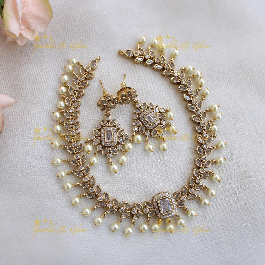 Elegant Leaflet design short necklace with CZ stones and pearl drops - white - Sparkle and Glow