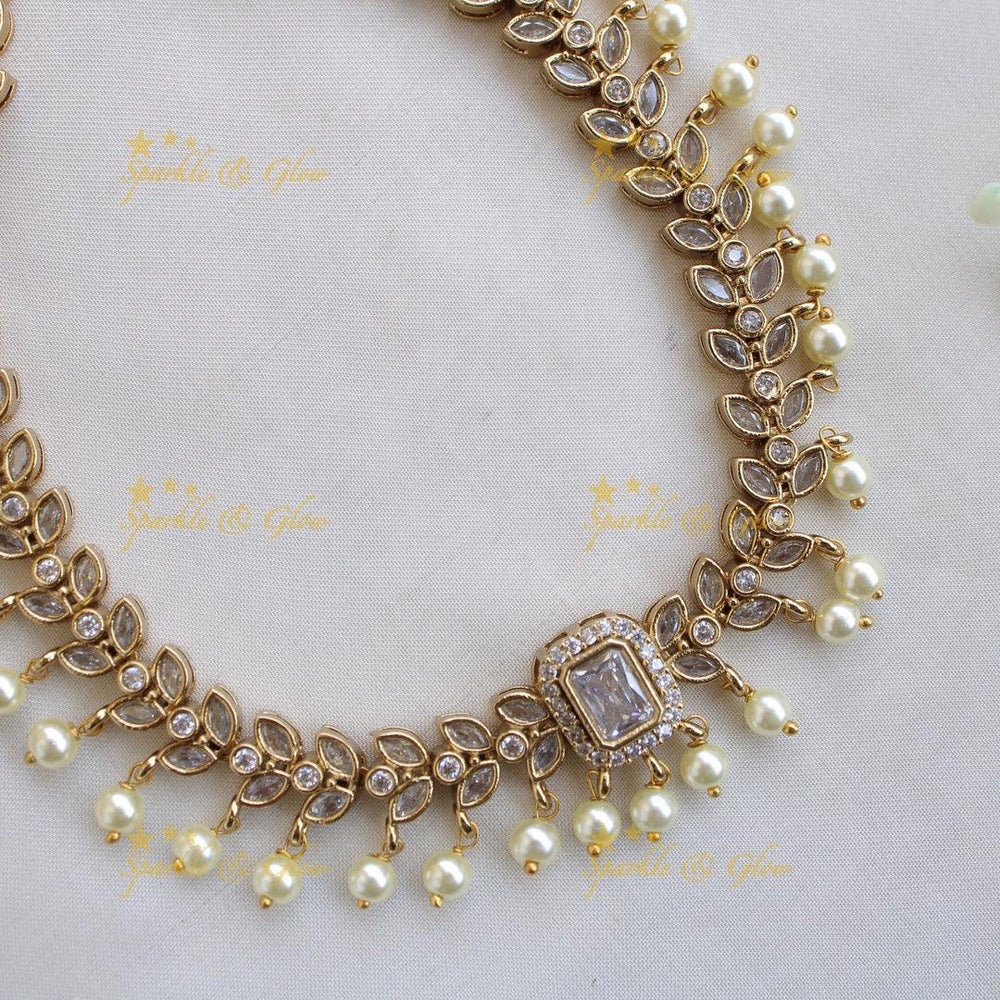 Elegant Leaflet design short necklace with CZ stones and pearl drops - white - Sparkle and Glow