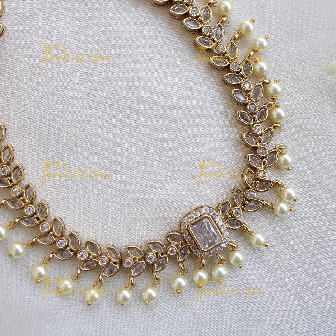 Elegant Leaflet design short necklace with CZ stones and pearl drops - white - Sparkle and Glow