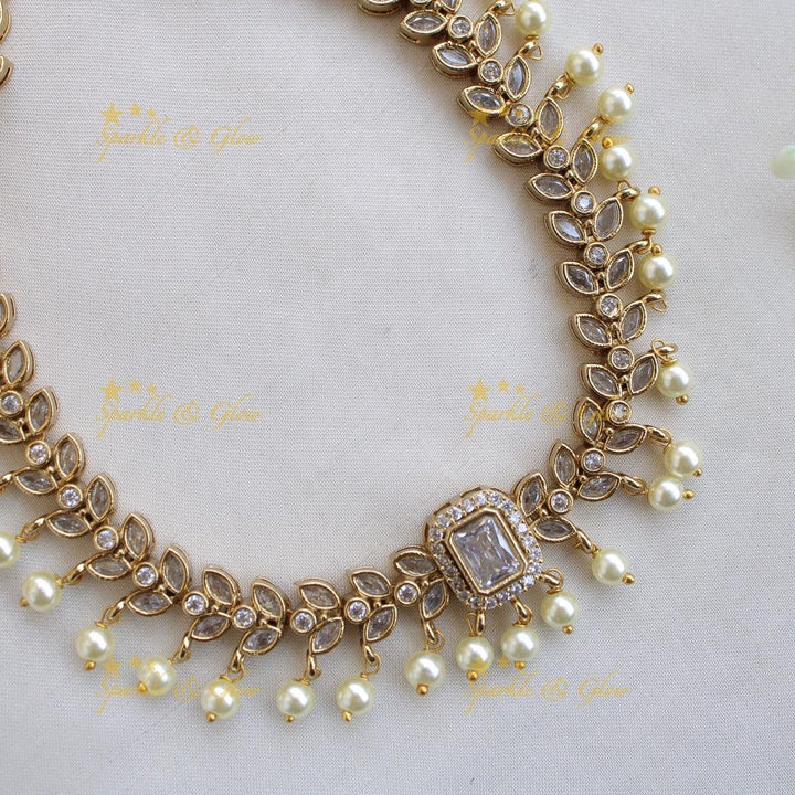Elegant Leaflet design short necklace with CZ stones and pearl drops - white - Sparkle and Glow