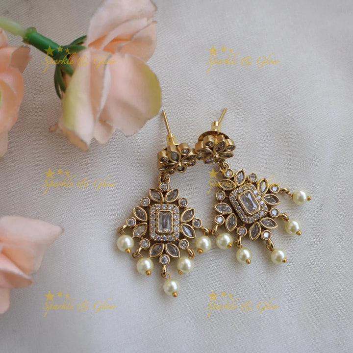 Elegant Leaflet design short necklace with CZ stones and pearl drops - white - Sparkle and Glow
