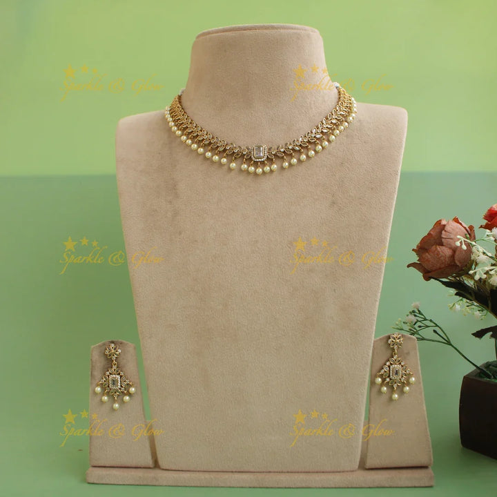 Elegant Leaflet design short necklace with CZ stones and pearl drops - white - Sparkle and Glow