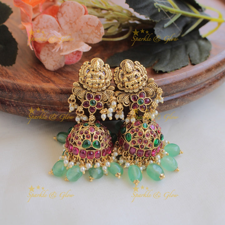 Grand Lakshmi peacock carved long necklace with ruby emerald and mint green beads