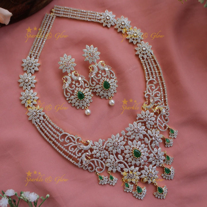 Sparkling Floral peacock design American diamond long necklace with emerald stones - Sparkle and Glow - Back Thread - 