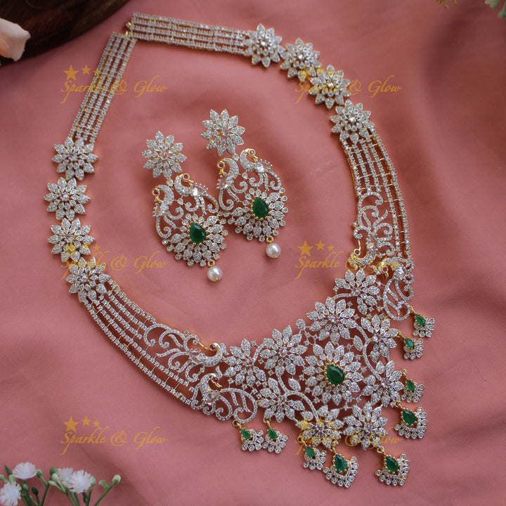 Sparkling Floral peacock design American diamond long necklace with ruby stones - pink