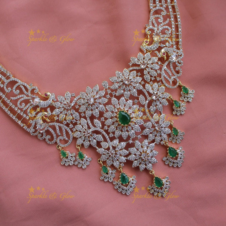 Sparkling Floral peacock design American diamond long necklace with emerald stones - Sparkle and Glow - Back Thread - 