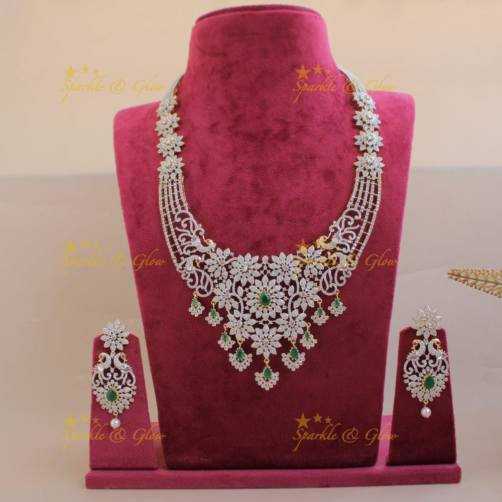Sparkling Floral peacock design American diamond long necklace with emerald stones - Sparkle and Glow - Back Thread - 