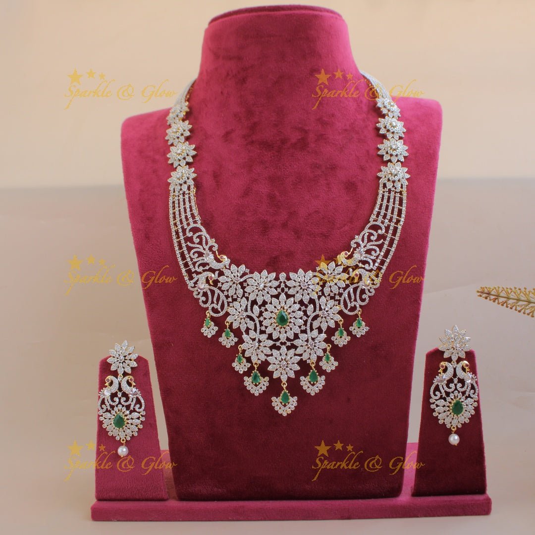 Sparkling Floral peacock design American diamond long necklace with emerald stones - Sparkle and Glow - Back Thread - 