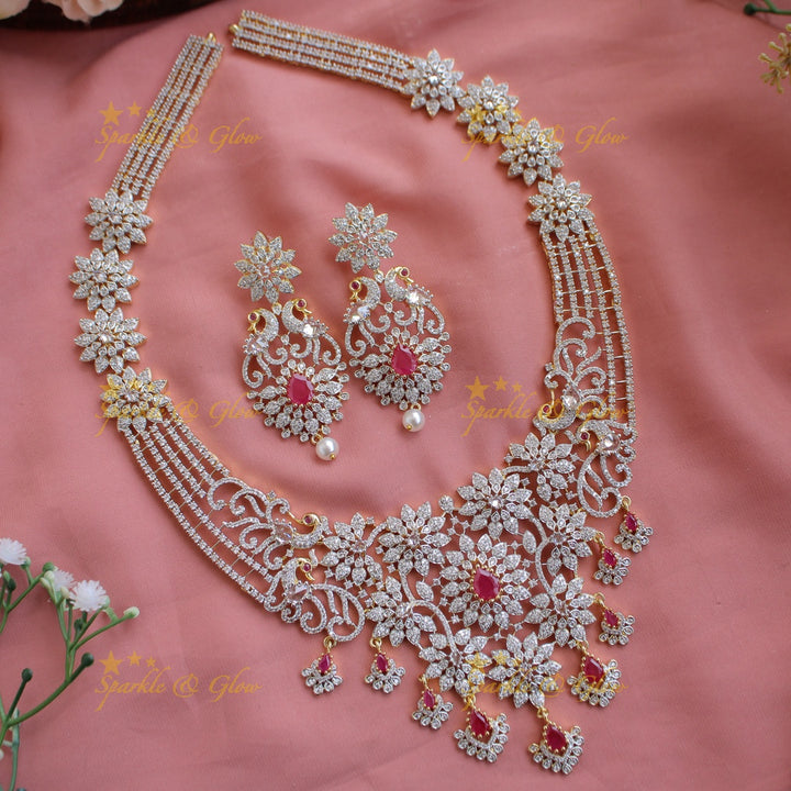 Sparkling Floral peacock design American diamond long necklace with ruby stones - pink