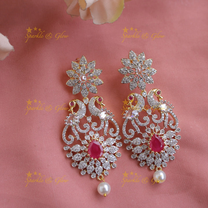 Sparkling Floral peacock design American diamond long necklace with ruby stones - pink